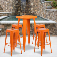 Flash Furniture CH-51080BH-4-30SQST-OR-GG 24" Round Bar Table Set with 4 Square Seat Backless Barstools in Orange